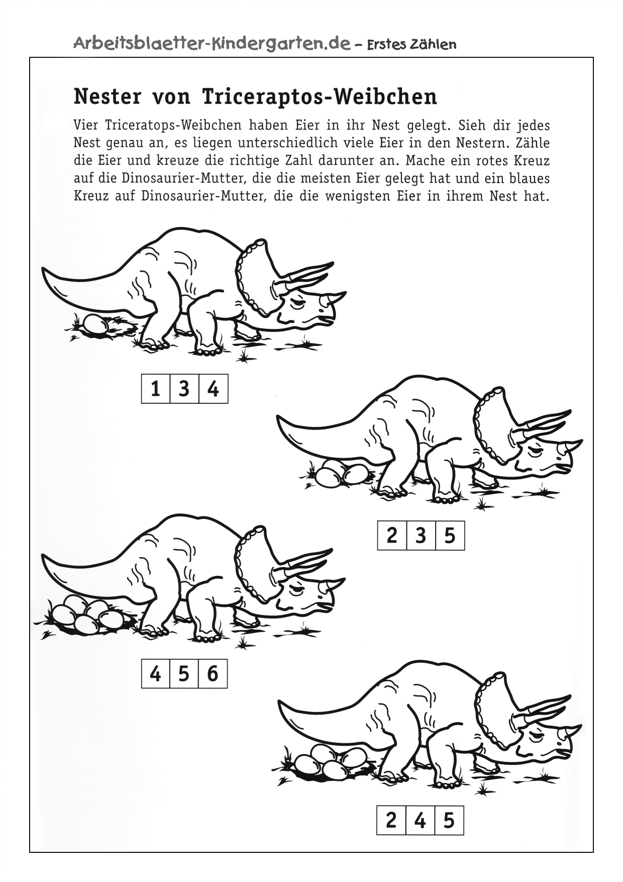 Kostenloses Arbeitsblatt Erstes Zählen- Dinosaurier-Eier zählen